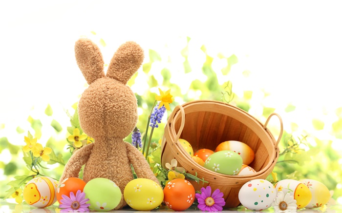 행복한 부활절, 다채로운 계란, 장식, 튤립, 토끼 장난감 배경 화면 그림