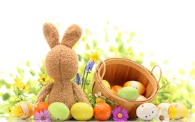 행복한 부활절, 다채로운 계란, 장식, 튤립, 토끼 장난감 HD 배경 화면