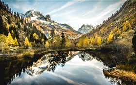 호수, 산, 나무, 구름, 물 반사 HD 배경 화면