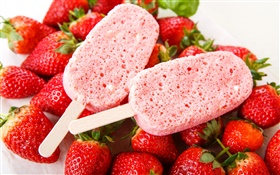 핑크 아이스크림, 딸기, 디저트 HD 배경 화면