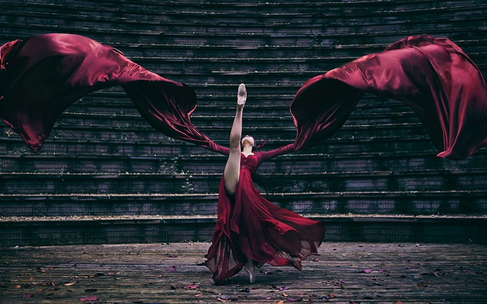 빨간 드레스 여자 댄스, 계단 배경 화면 그림