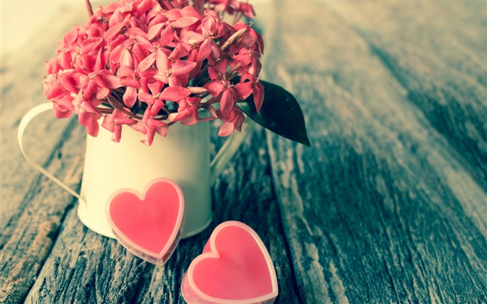 붉은 꽃, 꽃다발, 사탕, 사랑의 마음, 발렌타인 데이 배경 화면 그림