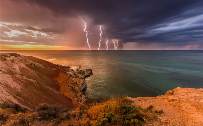 사우스 오스트레일리아, 폭풍, 구름, 번개, 바다, 해안 배경 화면 그림