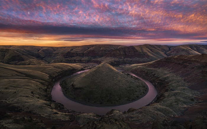미국, 계곡, 강, 언덕, 바위, 구름, 새벽 배경 화면 그림