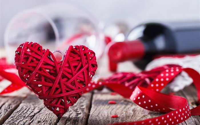 발렌타인 데이, 빨간 사랑 마음, 와인, 로맨틱 한 배경 화면 그림