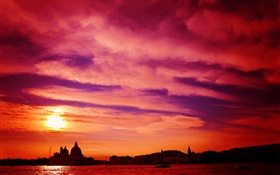 베니스, 이탈리아, 강, 일몰, 붉은 하늘 HD 배경 화면