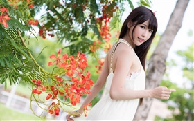 화이트 드레스 아시아 여자, 꽃, 여름 HD 배경 화면
