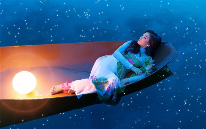 밤에 보트에서 아시아 여자 잠 배경 화면 그림