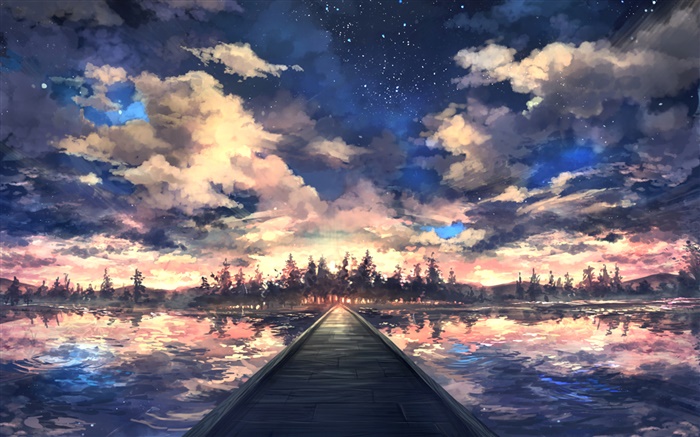 다리, 강, 나무, 하늘, 구름, 일몰, 아트 드로잉 배경 화면 그림
