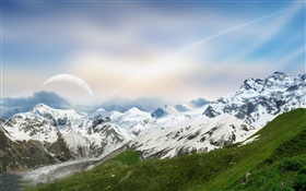 꿈꾸는 세계, 산, 눈, 강, 행성 HD 배경 화면