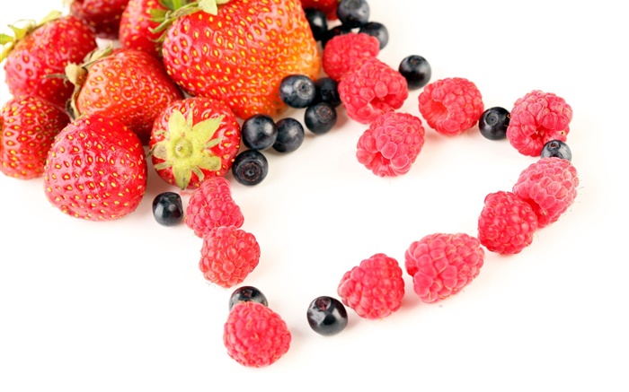 딸기, 나무 딸기, 블루 베리, 과일, 사랑의 마음 배경 화면 그림