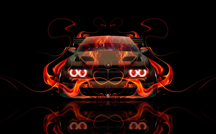 BMW, 오렌지, 화재, 자동차 전면보기, 창조적 인 디자인 배경 화면 그림