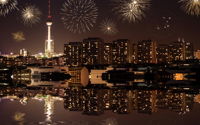 도시 풍경, 밤, 건물, 조명, 강, 베를린, 독일 배경 화면 그림