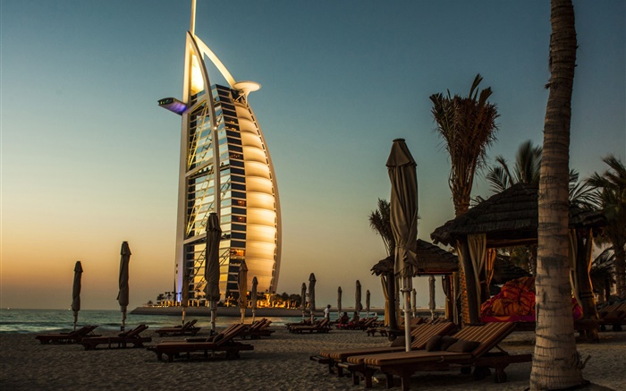 두바이, 호텔, 바다, 일몰 배경 화면 그림