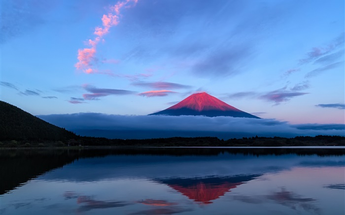 일본, 저녁, 호수, 물 반사에 후지 산 배경 화면 그림