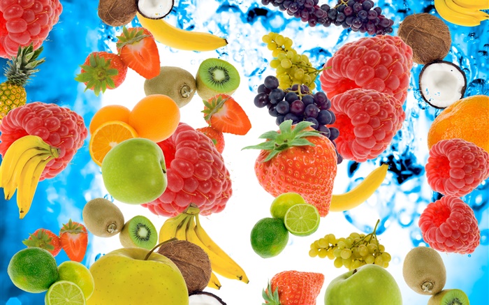 많은 종류의 과일, 딸기, 바나나, 키위, 딸기, 레몬, 사과 배경 화면 그림
