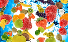 많은 종류의 과일, 딸기, 바나나, 키위, 딸기, 레몬, 사과