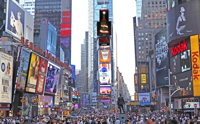뉴욕 타임스 스퀘어 (Times Square), 고층 빌딩, 거리, 사람들 배경 화면 그림