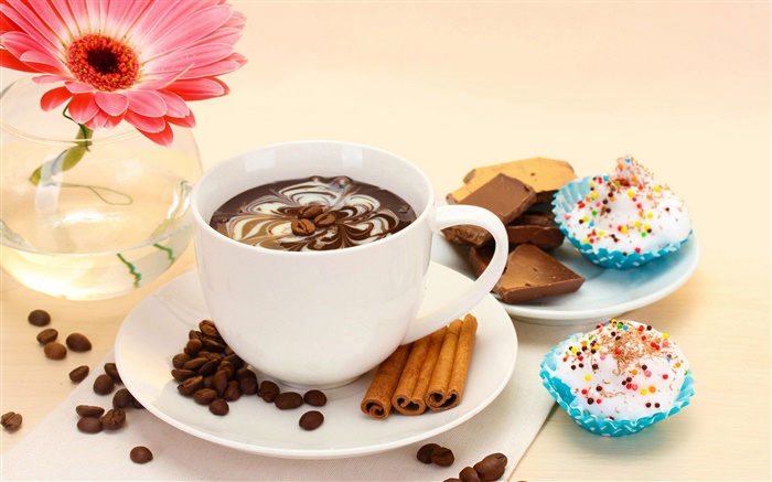 커피 음료와 케이크, 핑크 꽃 배경 화면 그림