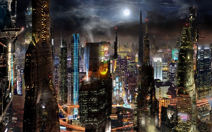 미래 도시, 고층 빌딩, 건물, 도로, 밤, 공상 과학 창조적 인 디자인 배경 화면 그림