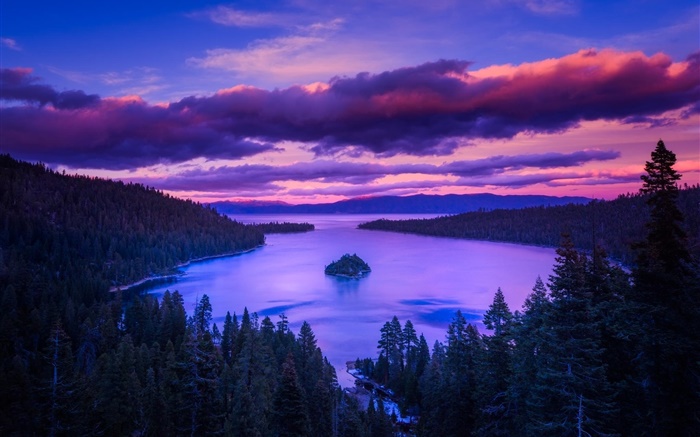 자연, 새벽, 호수, 산, 섬, 나무, 구름 배경 화면 그림