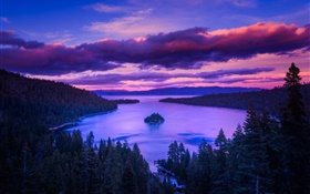자연, 새벽, 호수, 산, 섬, 나무, 구름