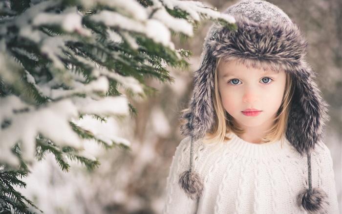 겨울 자식 소녀, 눈, 모자, 스웨터, 나무 배경 화면 그림