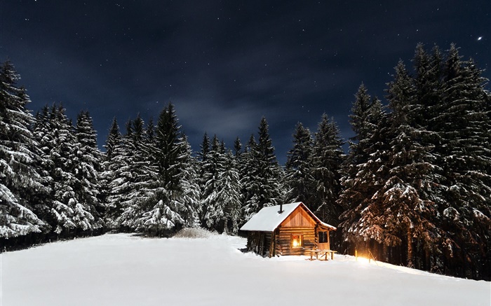 겨울, 눈, 나무, 밤, 오두막 배경 화면 그림
