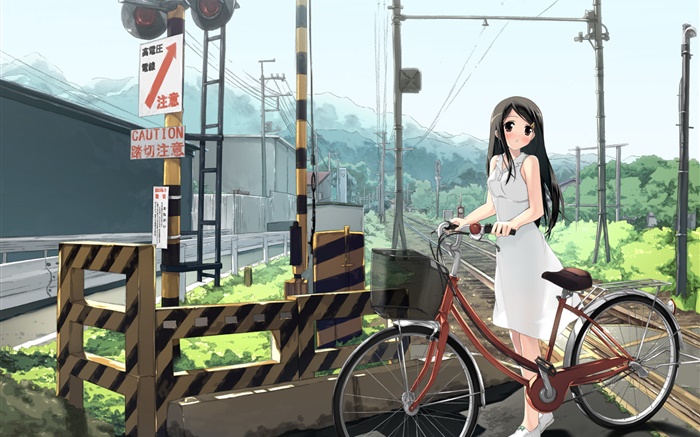 애니메이션 소녀, 철도, 자전거, 전력선 배경 화면 그림