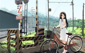 애니메이션 소녀, 철도, 자전거, 전력선 HD 배경 화면