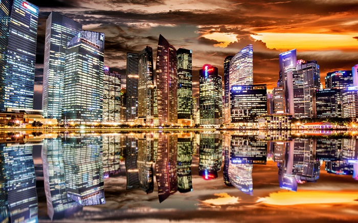 아름다운 도시 밤, 고층 빌딩, 조명, 물 반사 배경 화면 그림