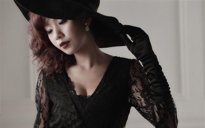 검은 드레스 아시아 소녀, 메이크업, 장갑, 모자 배경 화면 그림