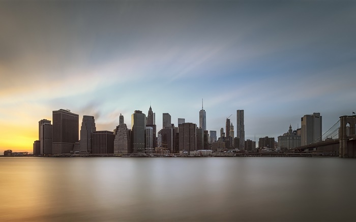 맨하탄, 황혼, 도시 물 반사, 미국 배경 화면 그림