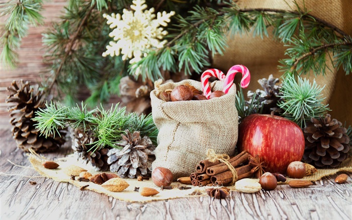 메리 크리스마스, 가방, 사탕, 사과, 견과류 배경 화면 그림