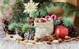 메리 크리스마스, 가방, 사탕, 사과, 견과류 HD 배경 화면