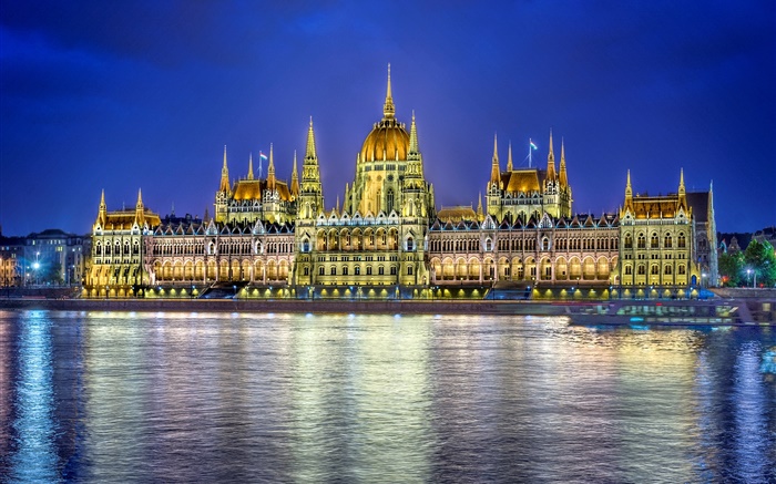 의회 건물, 물 반사, 조명, 부다페스트, 헝가리 배경 화면 그림