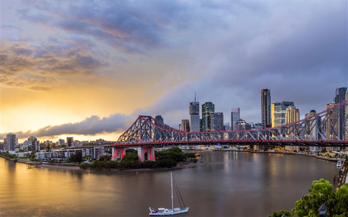 퀸즐랜드, 차이나 타운, 호주, 강, 다리, 새벽, 건물 배경 화면 그림