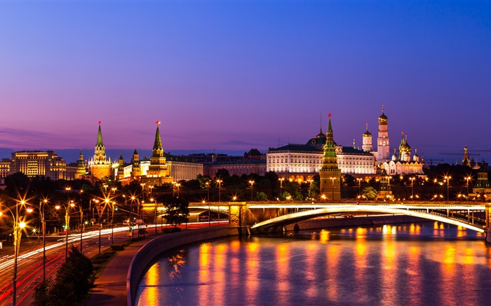 크렘린, 러시아, 모스크바, 밤 도시, 강, 조명 배경 화면 그림