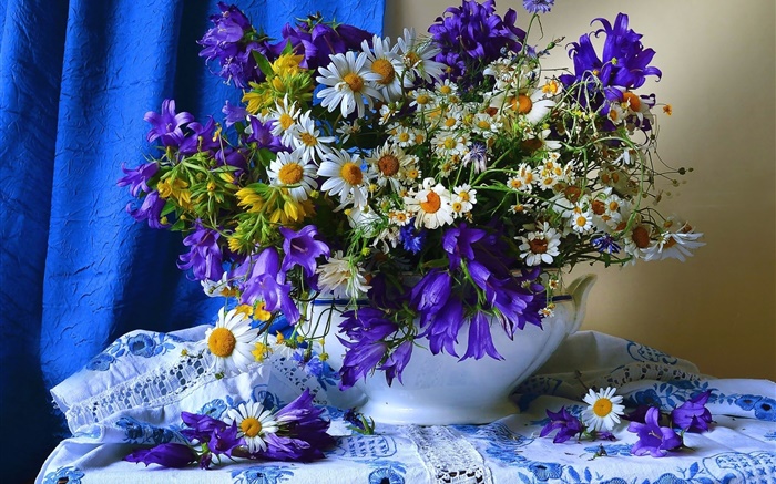 흰색 노란색 푸른 꽃, 꽃병 배경 화면 그림