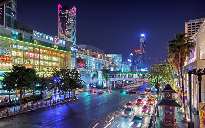 방콕, 태국, 도시 밤, 도로, 주택, 조명 배경 화면 그림