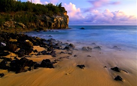 해변, 해안, 돌, 일몰, 바다 HD 배경 화면
