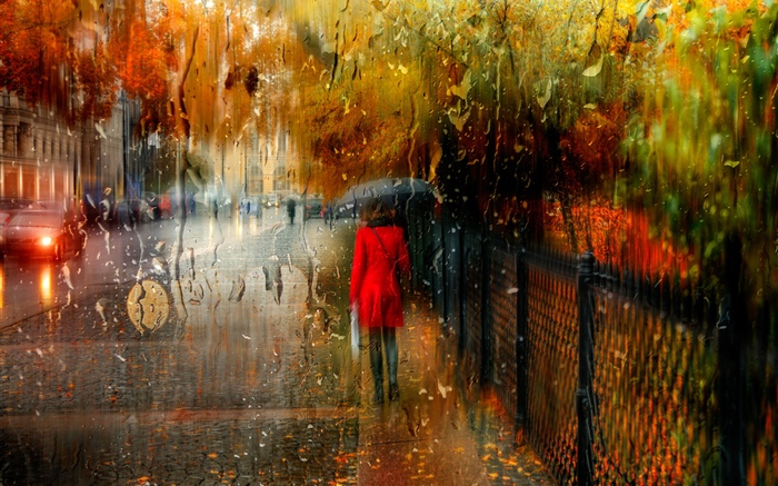 비, 도시, 사람, 물, 우산 배경 화면 그림