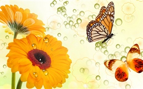 노란 꽃과 나비, 독창적 인 디자인 HD 배경 화면