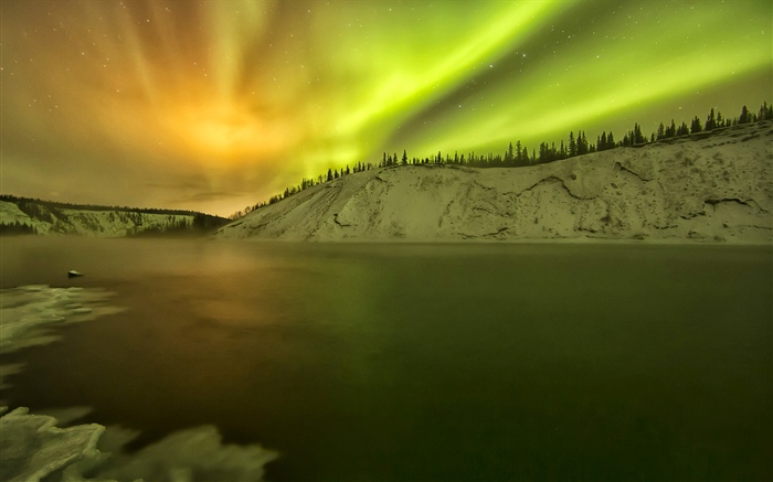 알래스카, 오로라, 호수, 눈, 겨울 배경 화면 그림