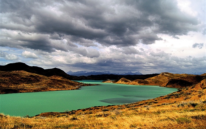 아르헨티나, 파타고니아, 산, 강, 구름 배경 화면 그림