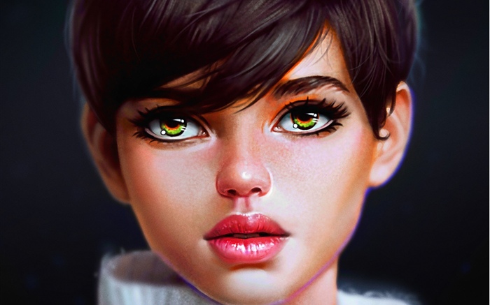 판타지 소녀, 녹색 눈, 검정색 배경 배경 화면 그림