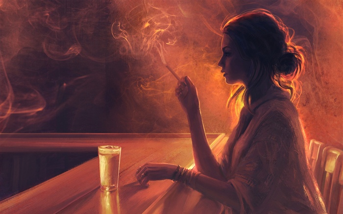 술집에서 여자, 담배, 연기 배경 화면 그림