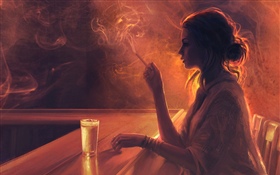 술집에서 여자, 담배, 연기 HD 배경 화면