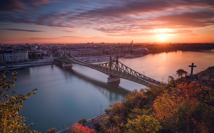 부다페스트, 헝가리, 강, 다리, 일몰 배경 화면 그림