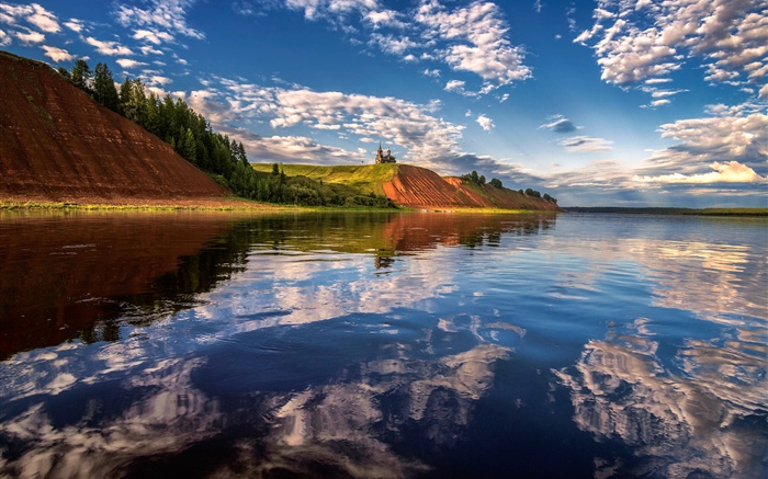 메젠 강, 러시아, 성, 물 반사, 구름 배경 화면 그림